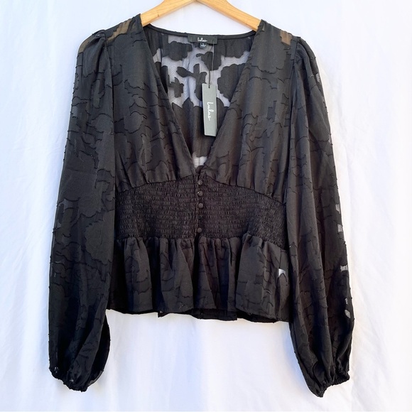 LULUS | NWT PATIO DATE BLACK FLORAL JACQUARD BUTTON-UP LONG SLEEVE TOP LARGE - Picture 6 of 9